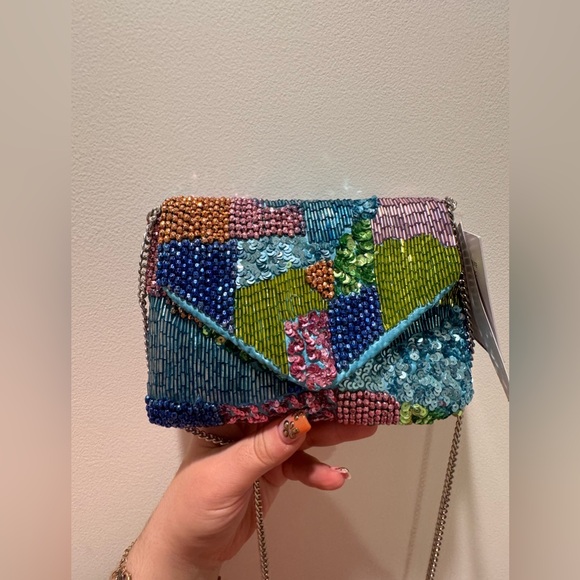 Handcrafted from India to you blue beaded sequin bag w/ chain viral from TikTok - Picture 2 of 6